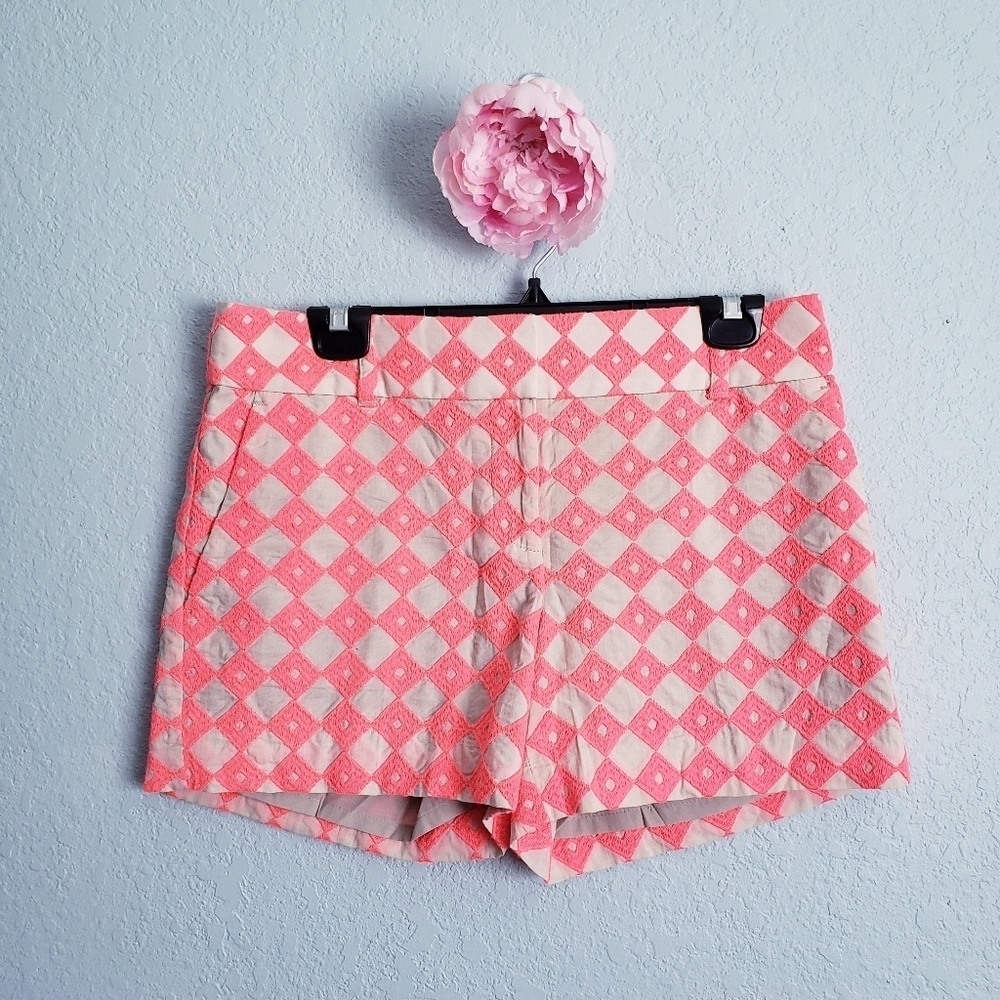 LOFT‎ Neon Coral And Tan Embroidered Cotton Riviera Shorts